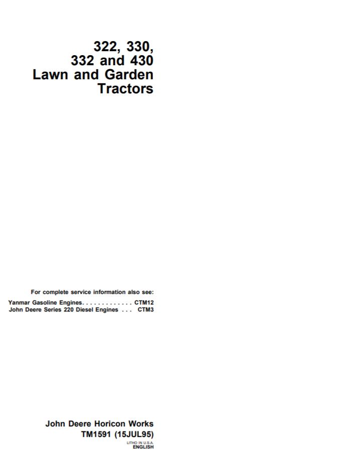 John Deere 322, 330, 332, 430 Lawn Garden Tractors Technical Manual