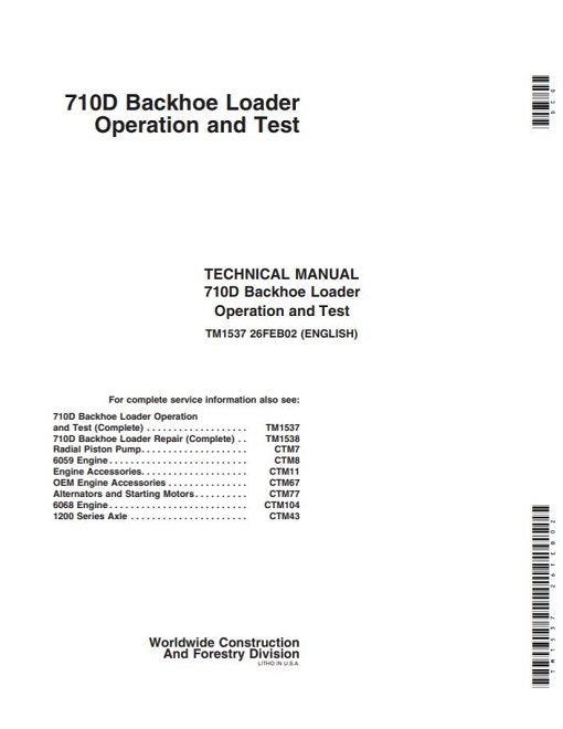 John Deere 710D Backhoe Loader Operation and Test Technical Manual