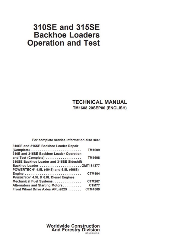 John Deere 310SE 315SE Backhoe Loaders Operation and Test Technical Manual