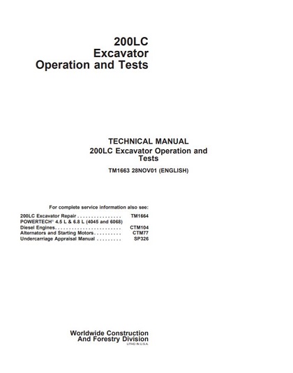 John Deere 200LC Excavator Operation and Tests Technical Manual