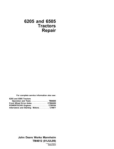 John Deere 6205, 6505 Tractors Repair Technical Manual