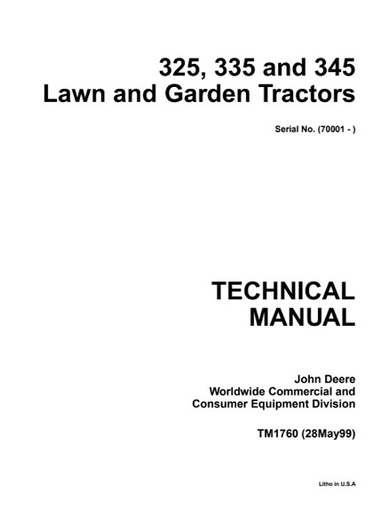 John Deere 325, 335, 345 Lawn & Garden Tractors Technical Manual