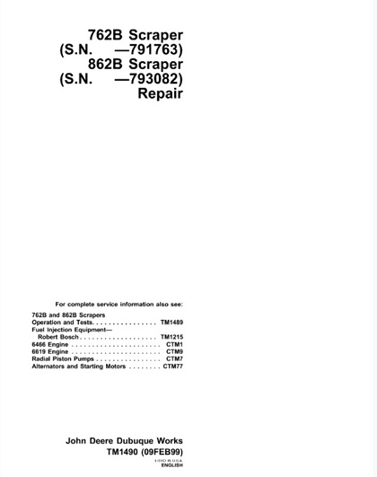 John Deere 762B, 862B Scraper Repair Technical Manual