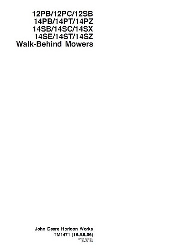 John Deere 12PB, 14PB, 14SB, 14SE Walk-Behind Mowers Technical Manual