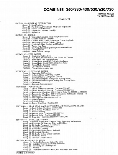 John Deere 360, 330, 430, 530, 630, 730 Combines Technical Manual