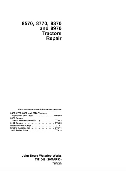 John Deere 8570, 8770, 8870, 8970 Tractors Repair Technical Manual
