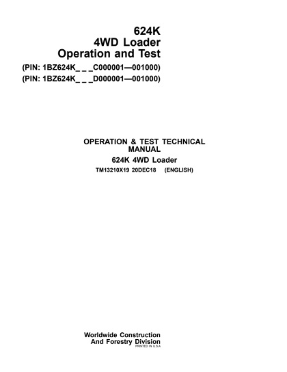John Deere 624K 4WD Loader Operation and Test Technical Manual