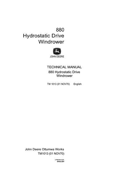 John Deere 880 Hydrostatic Drive Windrower Technical Manual