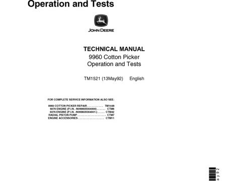 John Deere 9960 Cotton Picker Operation and Tests Technical Manual