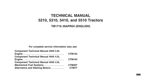 John Deere 5210, 5310, 5410, 5510 Tractors Technical Manual